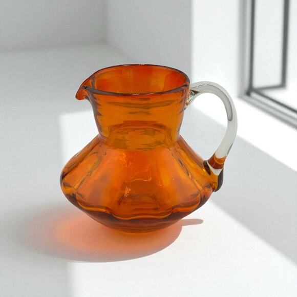 Vintage Handblown Tangerine Orange Glass Small Pitcher/Creamer Clear Handle 3" - Picture 1 of 10